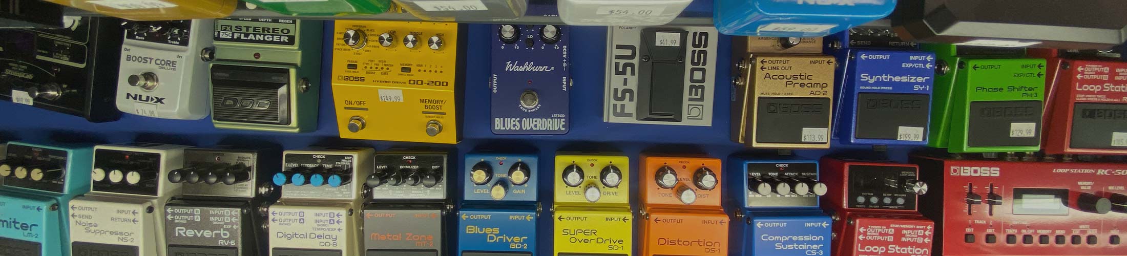 image of effects pedals at WestSide Music in Waipahu